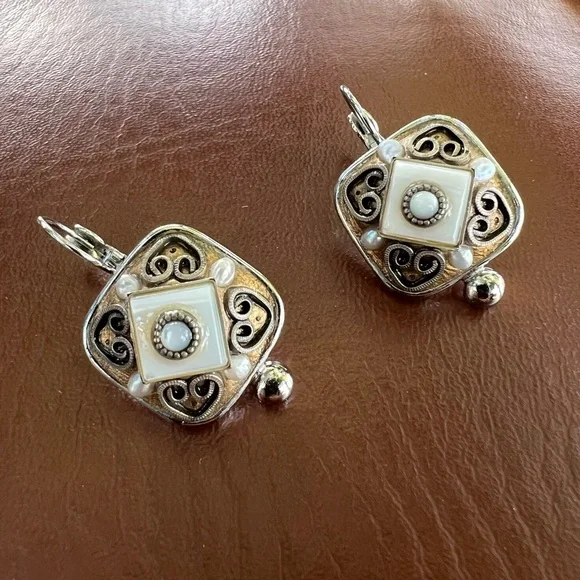 Vintage Michal Logan Earrings & Brooch/Pendant Pearl Lucite Cabochon Silver - Picture 2 of 14